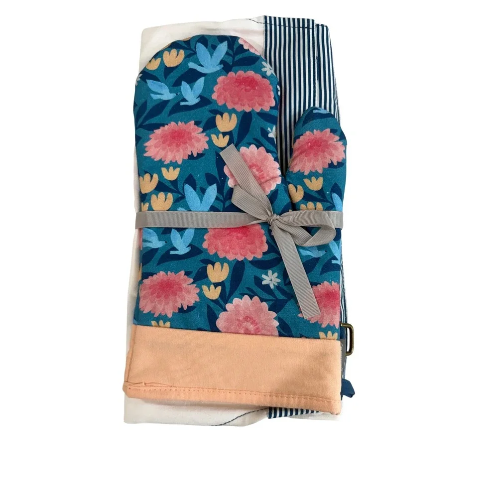 Hallmark Apron and Oven Mitt Set Women OS Teal Pink  Mom's Menu Floral Striped